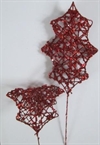 2 stk. Røde dekorations glitter pynt. Metal kan formes. ca. 15 cm. +tråd.